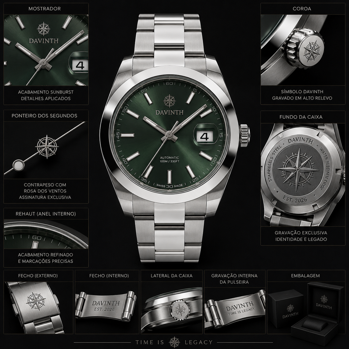 DAVINTH Watch Green 40mm Steel