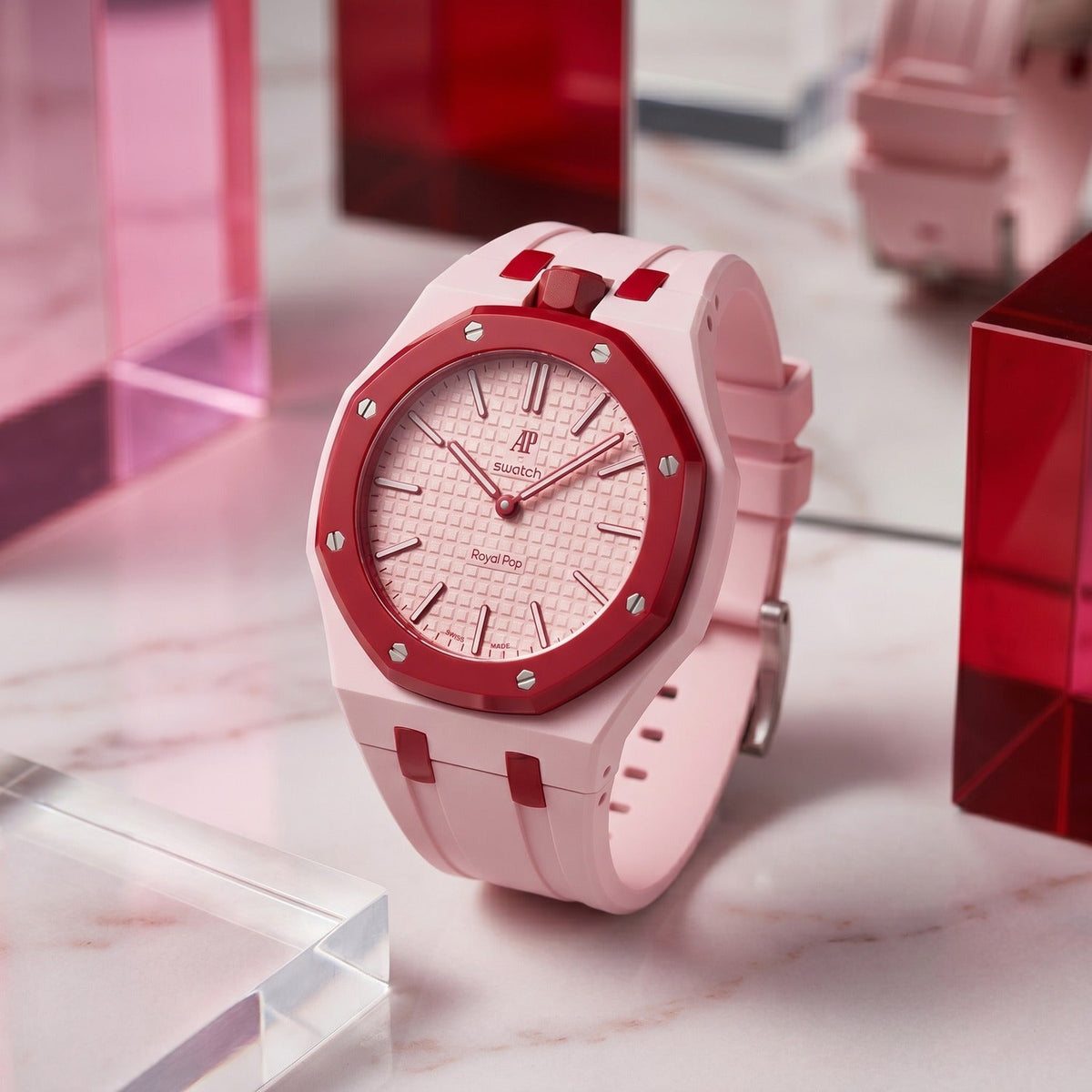 Audemars Piguet x Swatch Royal Pop "OTTO ROSSO" 40 mm + Rubber Case-Strap Pink
